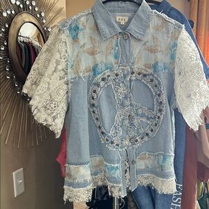 POL Light Blue Denim Shirt with Lace Accents